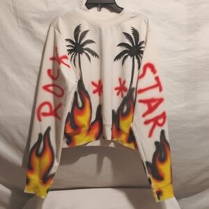 (D-10) SALE! RockStar Half Heart Crop Flames Palm Trees Print Sweater